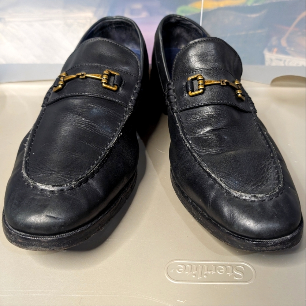 Cole Haan Grand .Os 14M black‎ leather bronze horsebit buckle detail loafers